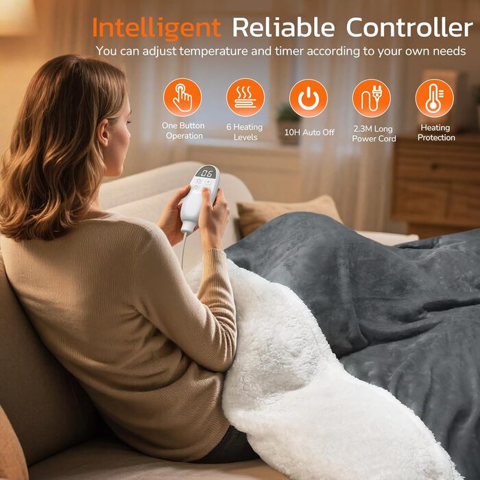 Ковдра PRANITE з підігрівом 180x130 см Електрична ковдра з шерпи та фланелі, 6 режимів нагріву, 10-годинний таймер, автоматичне вимкнення, захист від перегріву, можна прати сірого кольору для ліжка та дивана 130 x 180 см
