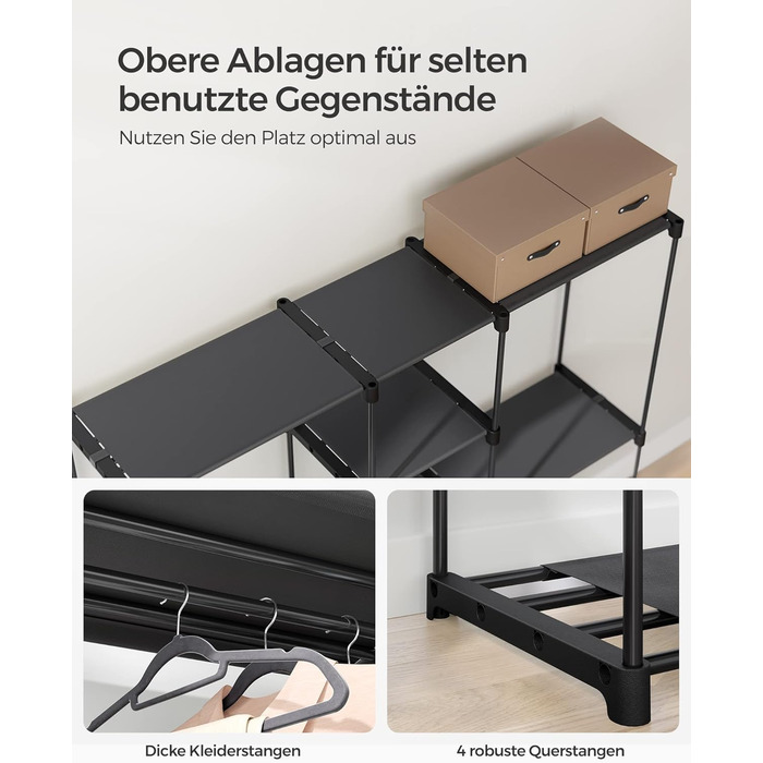 Шафа, Вішалка для одягу, Окремостояча шафа, з рейками для одягу, Вішалка для одягу, Тканинні полиці, Металевий каркас, 182 x 43 x 182 см, Чорнильно-чорний RYG037B02