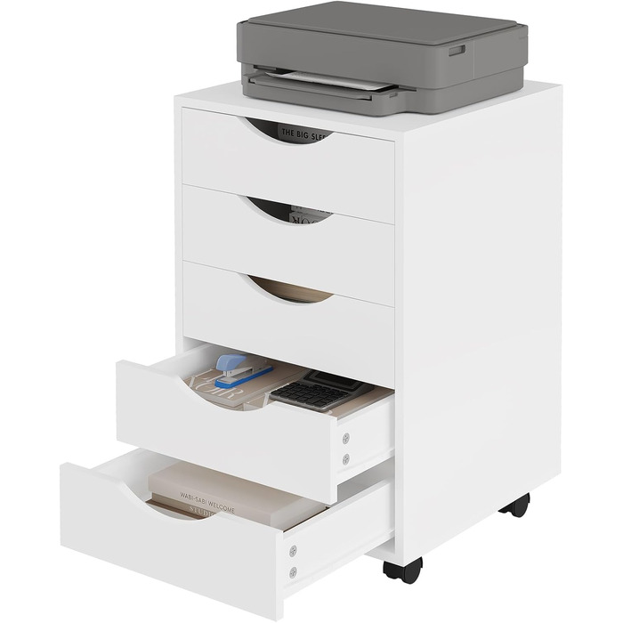 Контейнер на колесах WOLTU з 5 шухлядами, мобільна шафа для документів на колесах, блок з шухлядами, офісна шафа, офісний контейнер, тумба для столу, для домашнього офісу, білий, 40x66,5x40 см, ASK14ws