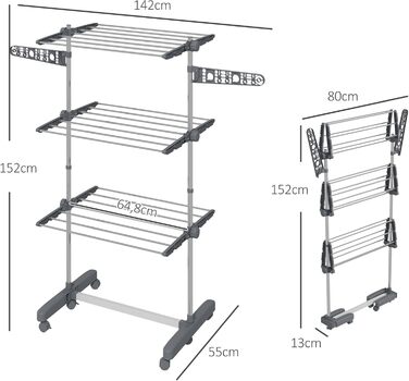 Сушарка для білизни HOMCOM вертикальна, 3 яруси, сіра (142x55x152 см)