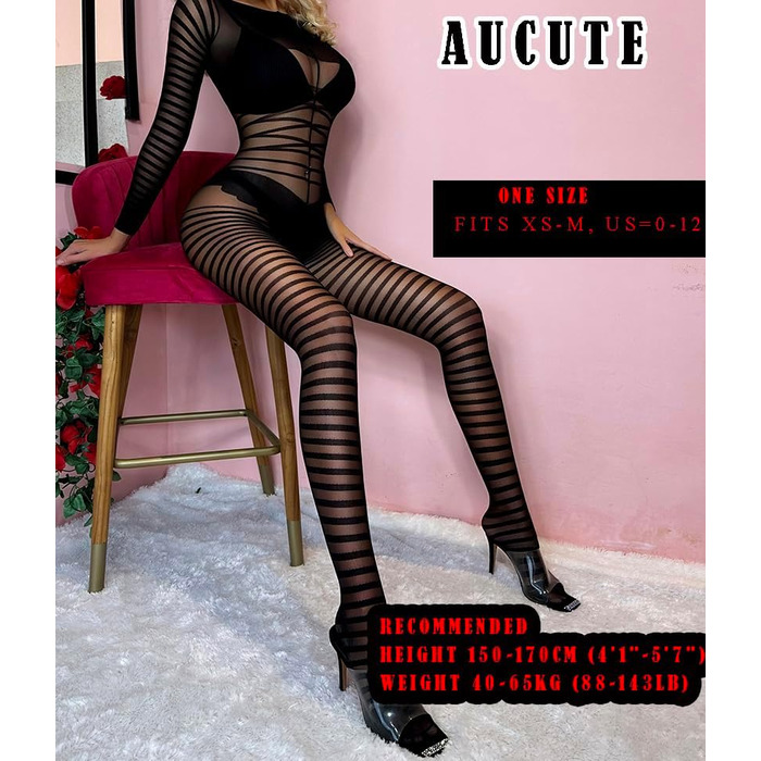 Сексуальний бодістокінг Aucute для жінок, з відкритою інтимною зоною та довгим рукавом, чорний, універсальний розмір