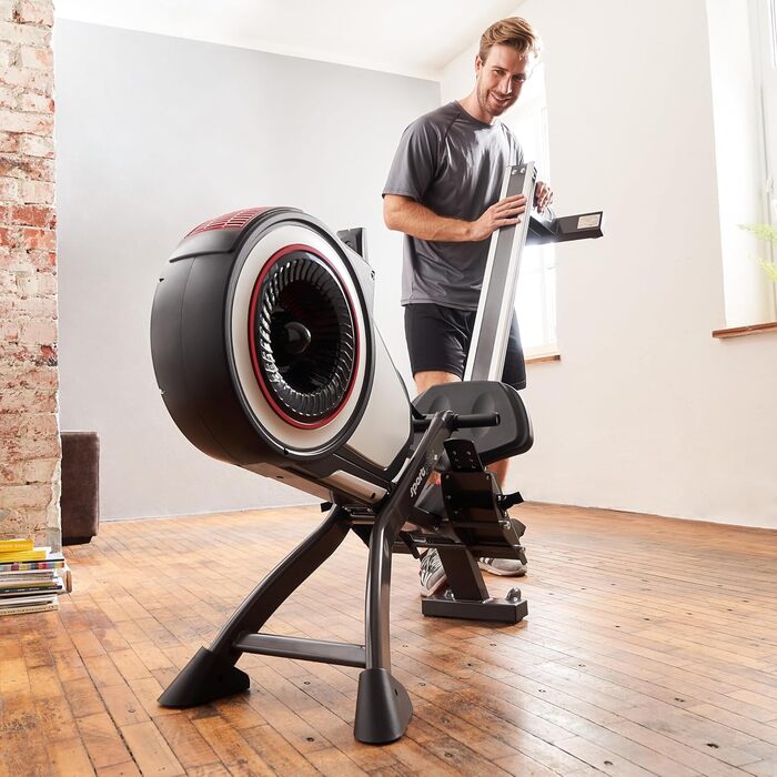 Гребний тренажер SportPlus для домашнього використання з опором повітря (8 рівнів), додаткова сумісність із додатком, тихе та плавне тренування, вага користувача до 150 кг, чорний/червоний не сумісний із додатком