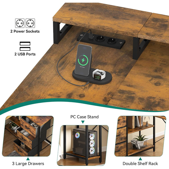 Подібний письмовий стіл із USB-портом для зарядки та розеткою, двосторонній кутовий стіл із 4 шухлядами та полицею, ігровий стіл із підставкою для монітора, 140x100 см, комп&39ютерний стіл для офісу, коричневий