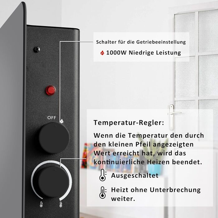 Конвекторний обігрівач DONYER POWER 1000 Вт, ультратонкий, настінний або окремостоячий, чорна скляна панель 1 кВт чорного кольору