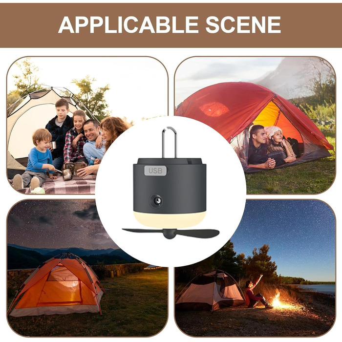 Наметовий світильник з вентилятором - зарядний від USB з 4 швидкостями вітру, як спорядження для виживання Кемпінговий вентилятор з гачком для приміщень, вулиці, офісу, відключення електроенергії, автомобіля, тенту