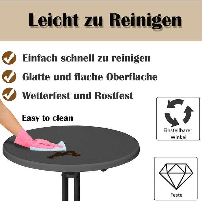 Складаний стоячий стіл, стіл для бістро, Ø 80 см, круглий, садовий стіл для приміщень/вулиці, стіл для вечірок для заходів, барів, клубів або ресторанів (чорний)