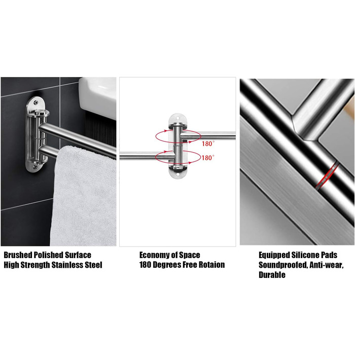Поворот на 180 з нержавіючої сталі рушникосушка подвійні руки поворотний кронштейн 40 см для ванної кімнати V2A з нержавіючої стал