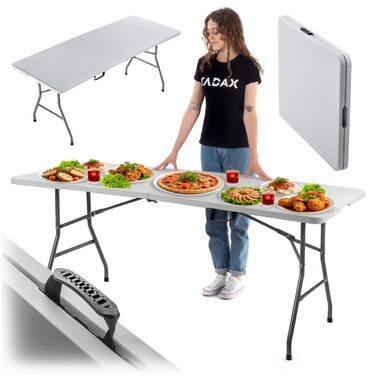 Складаний садовий стіл KADAX 180 x 74 x 73 см, водонепроникний складний стіл, стіл для вечірок у саду, на патіо та на балконі, міцний фуршетний стіл, кемпінговий стіл (білий)