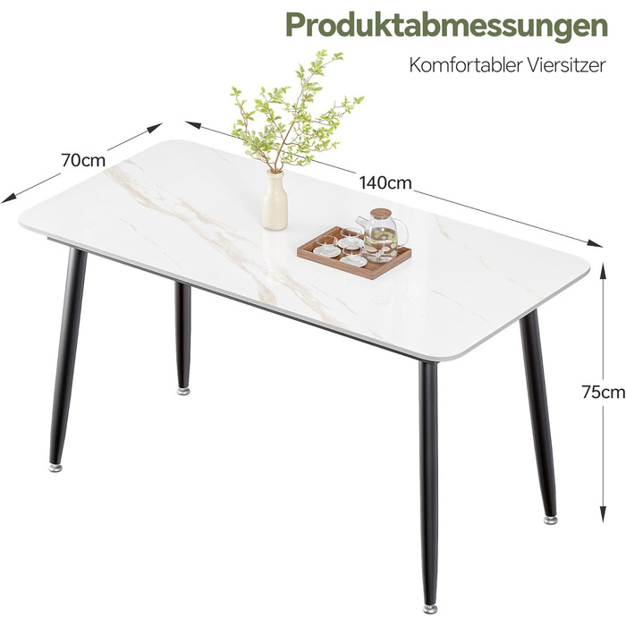 Обідній стіл ZL ZELing зі стільницею зі спеченого каменю під мармур та металевими ніжками, білий прямокутний кухонний та обідній стіл, 140 x 70 см, колір Нефритовий білий