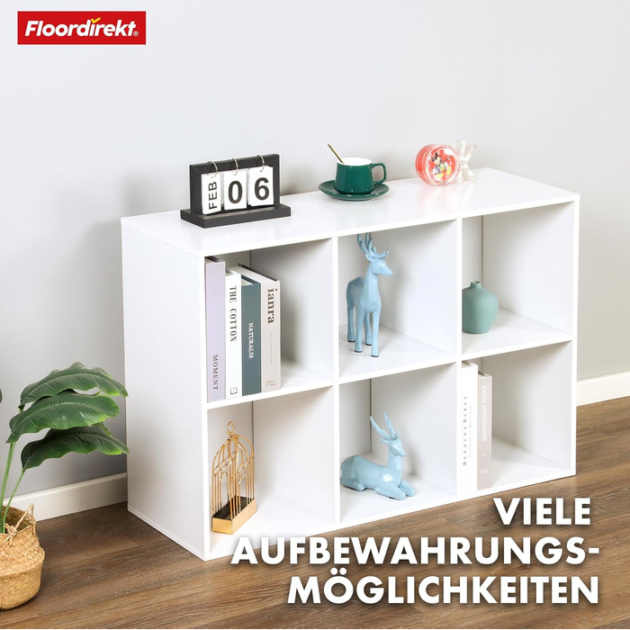 Біла книжкова полиця Floordirekt, дерев&39яна полиця з 6 відділеннями, кубічна полиця для вітальні та спальні (Вермонт)