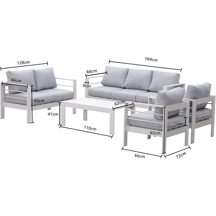 Набір садових меблів GLP алюміній на 6-7 осіб, меблі для тераси стійкі до атмосферних впливів з диваном, столом, табуретом і подушками, набір садових лаунжів для внутрішнього та зовнішнього використання (білий і світло-сірий)