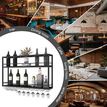 Промислова настінна винна підставка з тримачем для келихів, чорний металевий тримач для пляшок, багатофункціональна винна підставка, 2-ярусна, для домашнього бару, їдальні, кухні (1002065 см)