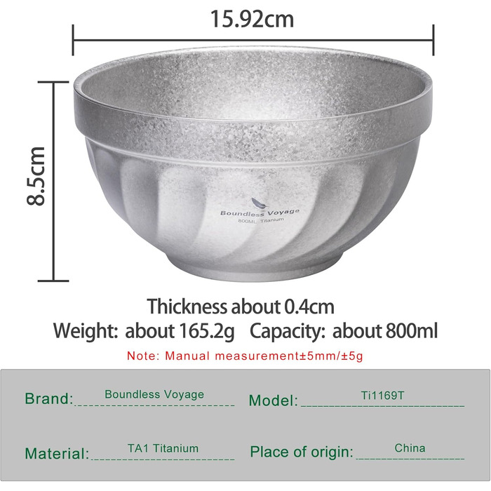 Двостінні титанові миски 800 мл вівсянка, їжа, рисовий суп, ізольована титанова миска, надлегка портативна посуд для кемпінгу на свіжому повітрі, металева чашка (срібна) Ti1169T 800 мл срібло Ti1169t