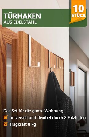 Дверні гачки 4smile - набір з 10 шт. , білі - дверні гачки з нержавіючої сталі для підвішування, універсального використання, двер