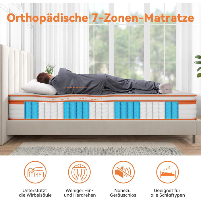 Матрац TeQsli з гелевими пружинами 140x200 см, висота 25 см, 7-зонний пружинний матрац з гелевою піною з ефектом пам&39яті, ергономічна підтримка та зняття тиску, H3 H4, сертифікований Oeko-Tex та CertiPUR, 25 см, 140 x 200 см