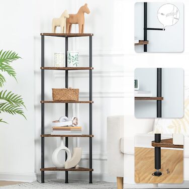 Кутова полиця HOOBRO з 5 ярусами, промислова кутова полиця, книжкова полиця на місці, кутова книжкова полиця для демонстрації рослин та квітів, полиця для зберігання для невеликих приміщень, вінтажний коричневий EBF33CJ01 рустикальний коричневий/чорний 30