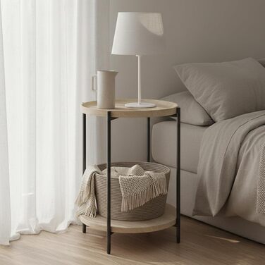 Круглий журнальний столик WOLTU, бічний столик з 2 полицями, стіл для вітальні зі знімною стільницею, тумбочка, столик для дивана, телефонний столик для вітальні та спальні, виготовлений з МДФ та металу, світлий дуб, BTS06hei