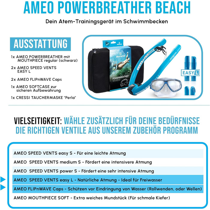 Сноркель Fresh Air - Тренажер для басейнів та відкритої води для дорослих та дітей - Набір для сноркелінгу з інтелектуальною системою клапанів та 100 сухим повітрям для дихання, синій/синій