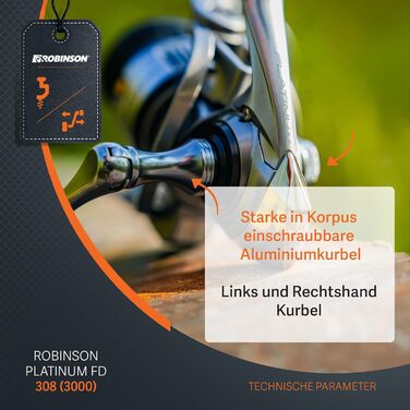 Котушка для спінінгу Robinson з 8 кульковими підшипниками - антиреверс - графітовий корпус - алюмінієва шпуля - передавальне число 5.21 - гальмівний вал 8 кг - котушка для спінінгу - Platinum 3000