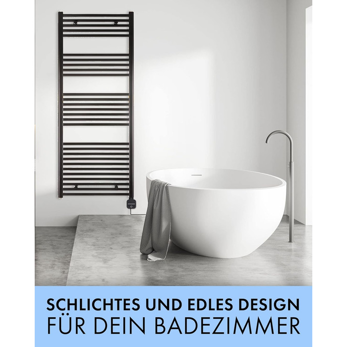 Електричний радіатор для ванної кімнати anapont з WiFi та Bluetooth 1475x600 - чорний прямий - рушникосушка - електричний обігрівач для ванної кімнати - рушникосушка - Зроблено в Німеччині Чорний 1475в x 600вт