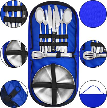 Набір посуду для кемпінгу на 2/4 особи, 11/21 предметів аксесуарів для кемпінгу, набір для пікніка з нержавіючої сталі з відкривачкою для пляшок, ножем для стейку, ложкою, виделкою, ножем та тарілкою для кемпінгу/барбекю/походів, синій