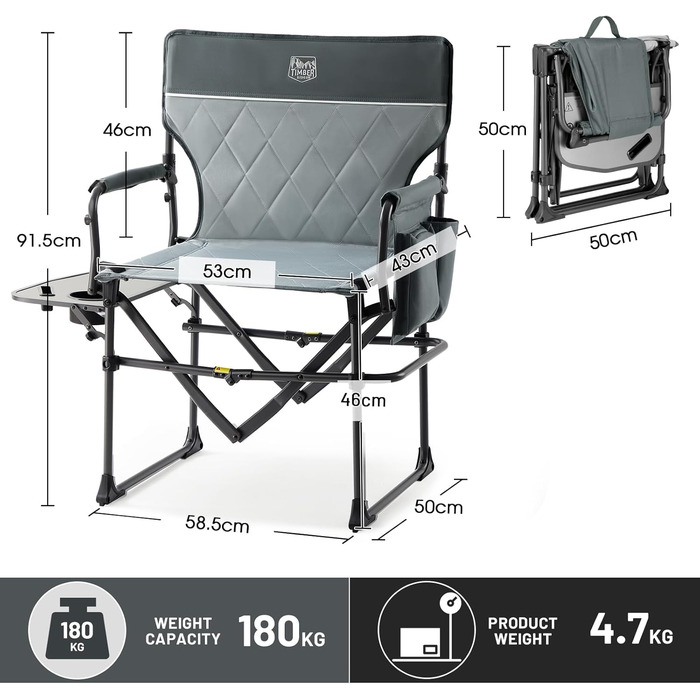 Складане кемпінгове крісло TIMBER RIDGE, вантажопідйомність 180 кг, компактний розмір упаковки, портативне директорське крісло, складне з бічним столиком та бічною кишенею для кемпінгу, газону, спорту та риболовлі, сіре
