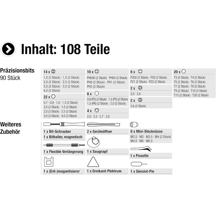 Набір інструментів Meister Feinmechaniker 108 предметів Комплект для ремонту смартфонів, планшетів, ПК, консолей, камер, годинників, окулярів, моделей та іншого / Набір для ремонту / Набір прецизійних викруток / 3387780