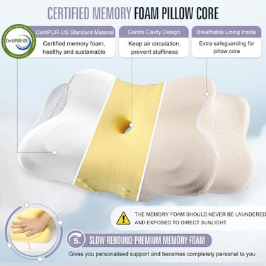 Подушка з піни з ефектом пам&39яті 60D, ортопедична ергономічна подушка для болю в шиї та плечах, підтримка шийного відділу хребта для сну на боці, спині та животі, з 2 наволочками, що праються, сіра, 62 x 37,3 x 14,4/9 см