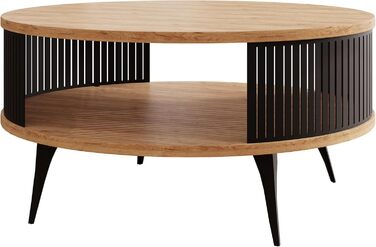 Журнальний столик з полицею, кругла форма, металеві ніжки, журнальний столик, столики для вітальні, приставний столик, столик для дивана, чайний столик (дуб Craft Gold, чорний) Чорний дуб Craft Gold, 24 Rajkon