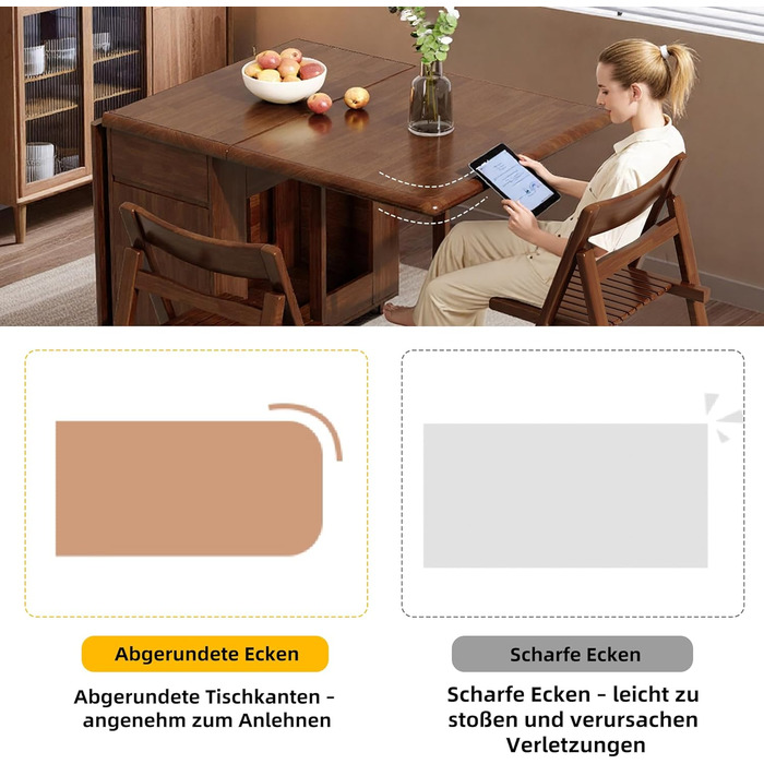 Розкладний стіл, компактний, багатофункціональний кухонний/обідній стіл, розсувний з масиву дерева та колесами, що обертаються на 360, для 2-8 осіб у невеликих квартирах. Розкладний обідній стіл, горіх (150 см).