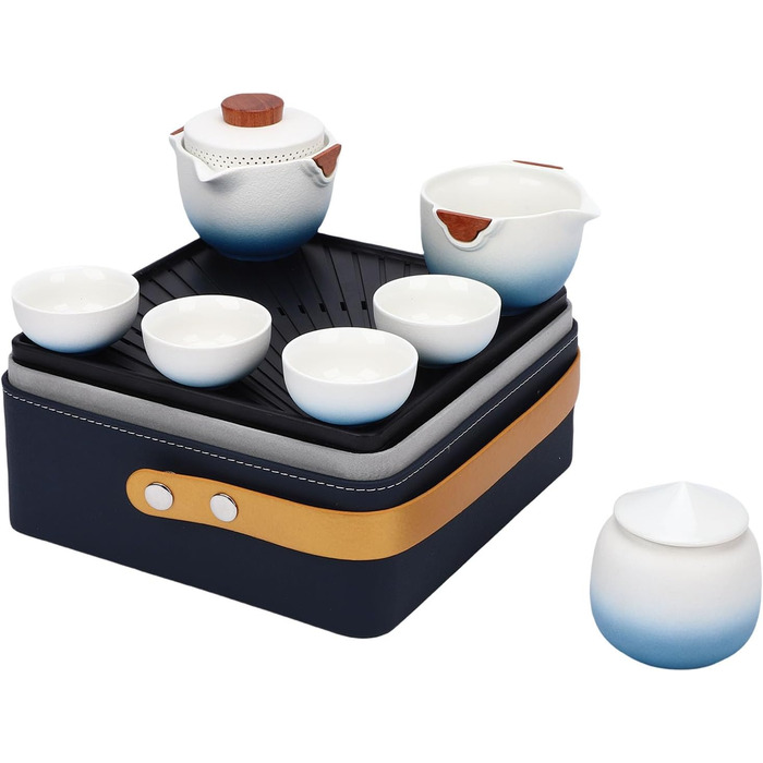 Похідний чайний сервіз Poenvfpo керамічний чайник для подорожей у шкіряній сумці-органайзері, ідеальний для автоподорожей та пікніків на природі