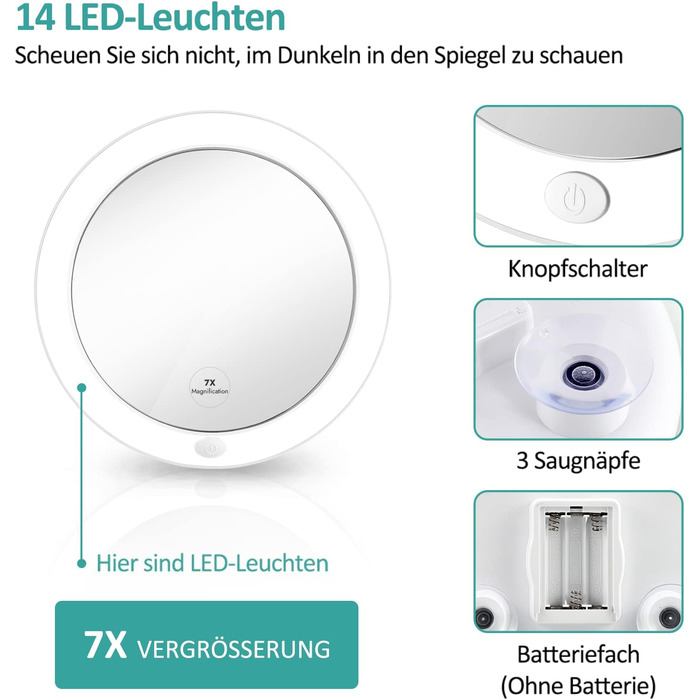 Дзеркало для макіяжу EMKE з підсвічуванням 7x, кругле світлодіодне збільшувальне дзеркало 165 мм з присоскою, без свердління Портативне дзеркало для макіяжу настінне дзеркало на батарейках 7X