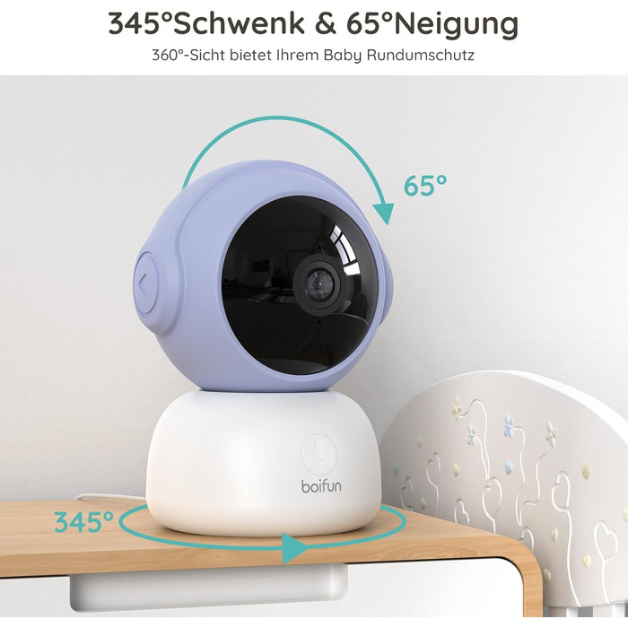 Радіоняня BOIFUN 2K із додатком камери, виявлення плачу/руху/шуму, інтелектуальне нічне бачення, автоматичне відстеження, PTZ 345/