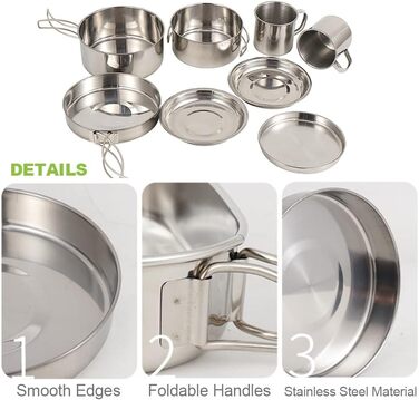 Набір посуду Lixada для кемпінгу, 8 предметів каструлі, сковорода та столові прибори з нержавіючої сталі для пікніків, походів, туризму та відпочинку на природі