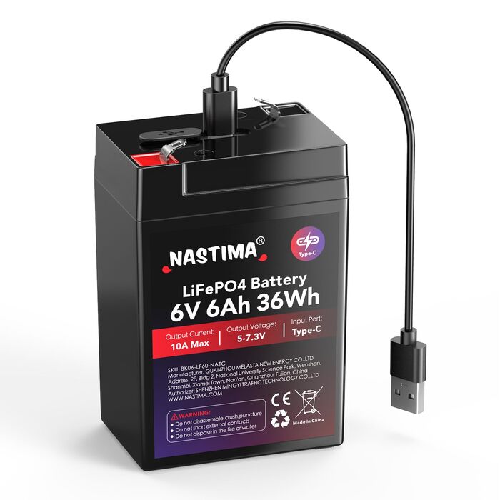 Акумуляторна батарея NASTIMA 6V 6Ah 36Wh LiFePO4 із захистом BMS та 2000 циклами глибокого розряду/розрядки, що не потребує обслуговування, зарядка через роз&39єм Type-C, підходить для аварійного освітлення, дитячих іграшкових машинок, моторних човнів, ке