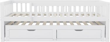 Дитяче ліжко 90x200 диван-ліжко з масиву дерева з висувним ліжком та шухлядами, багатофункціональне ліжко, кушетка, гостьове ліжко з місцем для зберігання речей, дитяче ліжко, каркас ліжка із захистом від падіння та рейковою основою, без матраца, біле. Бі