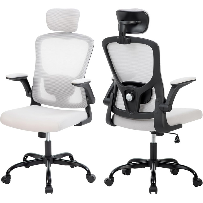 Ергономічне офісне крісло, регульована спинка з сітки з поперековою опорою та підголівником зручне обертове сидіння для дистанційної роботи/домашнього офісу (сталевий сірий легке складання за 10 хвилин)