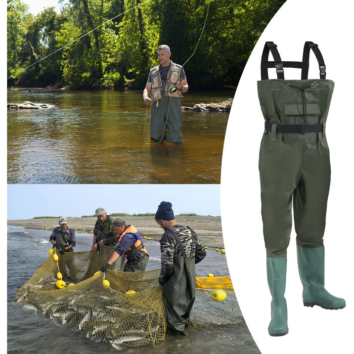 Вейдерси, водонепроникні рибальські вейдерси з нейлону 70D, композитні ПВХ, рибальські штани з нековзними гумовими чобітьми, вейдерси для ставка, вейдерси для захисту від повені, для будівельних майданчиків, риболовлі, ферм, садів, розмір 45 з гачками