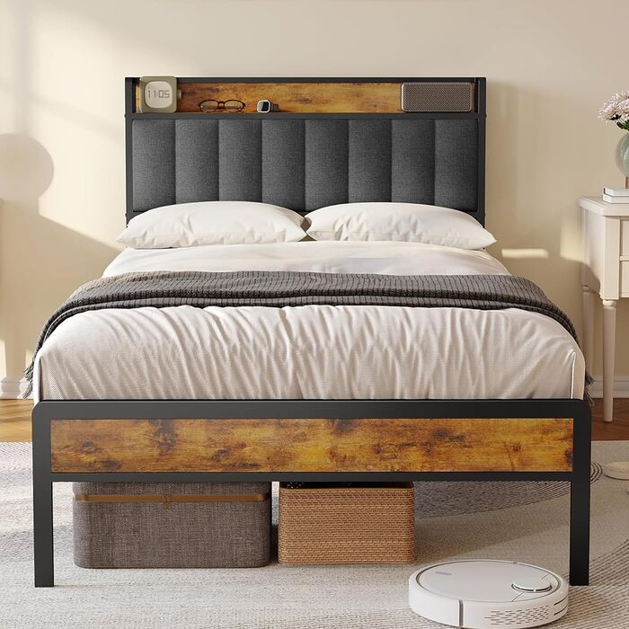 Каркас ліжка Bealife з металевою рейковою основою, односпальне ліжко з лляним покривалом, ліжко з м&39яким узголів&39ям та місцем для зберігання речей (120 x 200 см, темно-сірий колір)