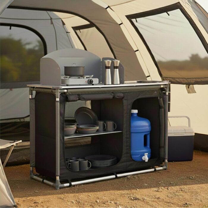 Кемпінгова шафа CampFeuer Кемпінгова кухня з алюмінієвою рамою Бризкозахисний екран та раковина 117 см x 50 см x 109,5 см Кемпінгова полиця, Складана кемпінгова шафа, Кемпінгова кухня, Кемпінгові меблі