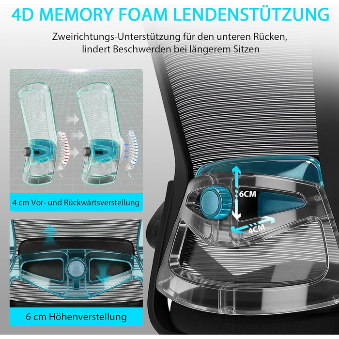 Ергономічне офісне крісло, робоче крісло з регульованою 4D поперековою опорою, обертове крісло зі складними підлокітниками, комп&39ютерне крісло з функцією нахилу 90-125, сітчасте крісло до 130 кг, чорне