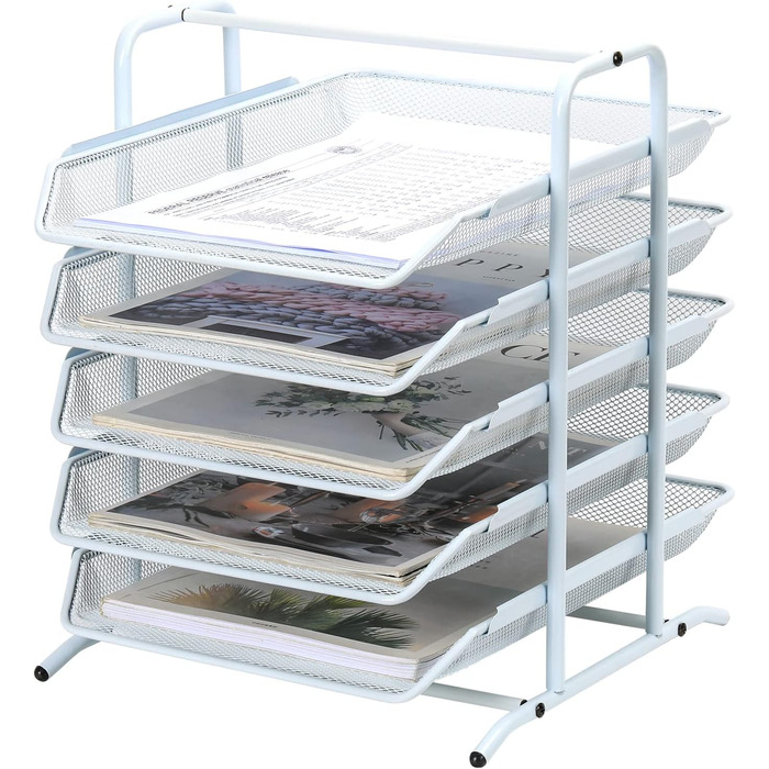 Металевий офісний органайзер EasyPAG A4 з 5 відділеннями, тримач для документів, лоток для файлів, тримач для журналів, лоток для листів, органайзер для паперових журналів, білий, 35,5 x 29,5 x 37,5 см