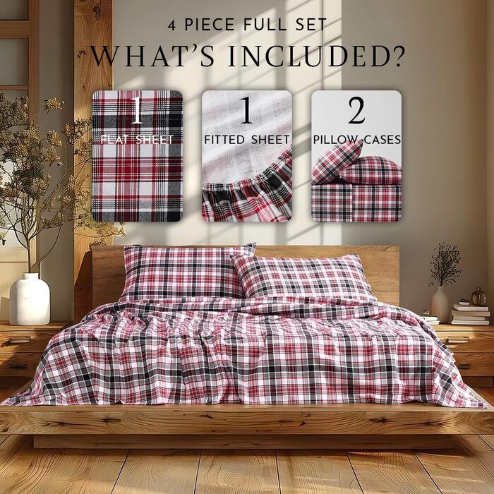 Комплект постільної білизни Linen Closet з м&39якою та затишною фланелевою тканиною, 100 бавовна, двоспальне ліжко розміру &quotqueen-size&quot, тартан кольору воронячого воронового горла (стандарт США)