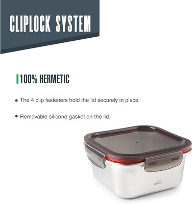 Контейнер для харчових продуктів квадратний, нержавіюча сталь 18/10, 650 мл. Підходить для мікрохвильової печі, духовки, морозильної камери та посудомийної машини, герметичний, з 4 затискачами, не містить BPA., 64613 Ecoinox