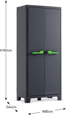 Висока пластикова шафа Keter Moby, антрацит/зелений/сірий, 80 x 44 x 182 см, включаючи 4 полиці з регульованою висотою вантажопідйомністю 30 кг кожна, підходить для використання всередині та зовні приміщень, стійка до ультрафіолетового випромінювання та в