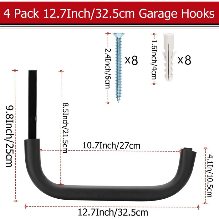 Великі гачки для зберігання в гаражі, 32,4 см, міцні, для зберігання в гаражі, органайзер, настінне кріплення, вішалка, максимальне навантаження 45,4 кг