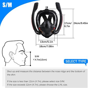 Маска для сноркелінгу для дорослих, повнолицьова маска, маска для дайвінгу для дорослих - повнолицьова маска для дайвінгу, повнолицьова маска для сноркелінгу з захистом від запотівання та сухого верху розміру S/M