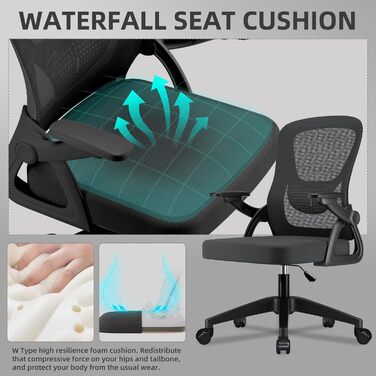 Офісне крісло зі складними підлокітниками на 90, повітропроникною сітчастою оббивкою, поперековою опорою та регулюванням висоти, підходить для домашнього офісу та студії.