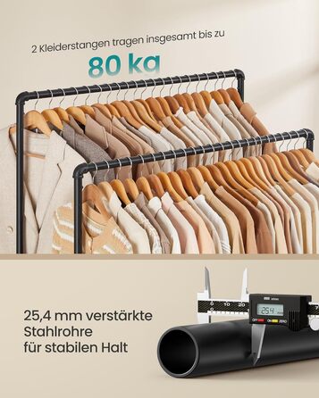 Вішалка для одягу SONGMICS, Штанга для одягу, Гардеробна підставка з 2 шт. ангами для одягу та полицею, Колеса, Вантажопідйомність до 110 кг, Промисловий дизайн, для спальні, Гардеробної, Чорний HSR60B Чорна одинарна рейка