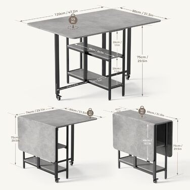 Мобільний розкладний обідній стіл Mondeer, розкладний стіл з 2 відкритими полицями для невеликих приміщень, їдальня, кухня, 120 x 80 x 75 см, сірий